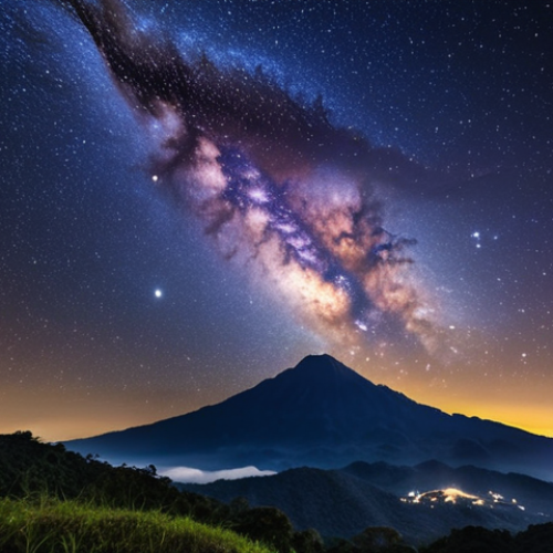 **Milky Way over Doi Inthanon:** A breathtaking, wide-angle shot of the Milky Way galaxy arching over the landscape of Doi Inthanon, Thailand. Capture the starry sky with clear details, minimal light pollution, and possibly a silhouette of the mountain range. Consider incorporating the cold, crisp air feel and observatory.