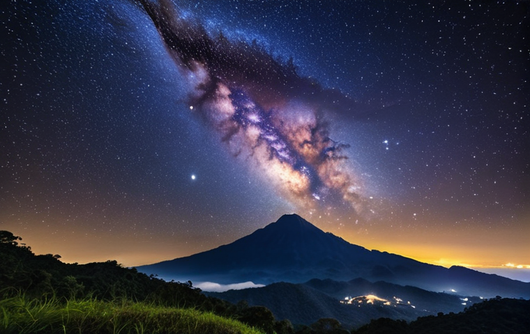 **Milky Way over Doi Inthanon:** A breathtaking, wide-angle shot of the Milky Way galaxy arching over the landscape of Doi Inthanon, Thailand. Capture the starry sky with clear details, minimal light pollution, and possibly a silhouette of the mountain range. Consider incorporating the cold, crisp air feel and observatory.